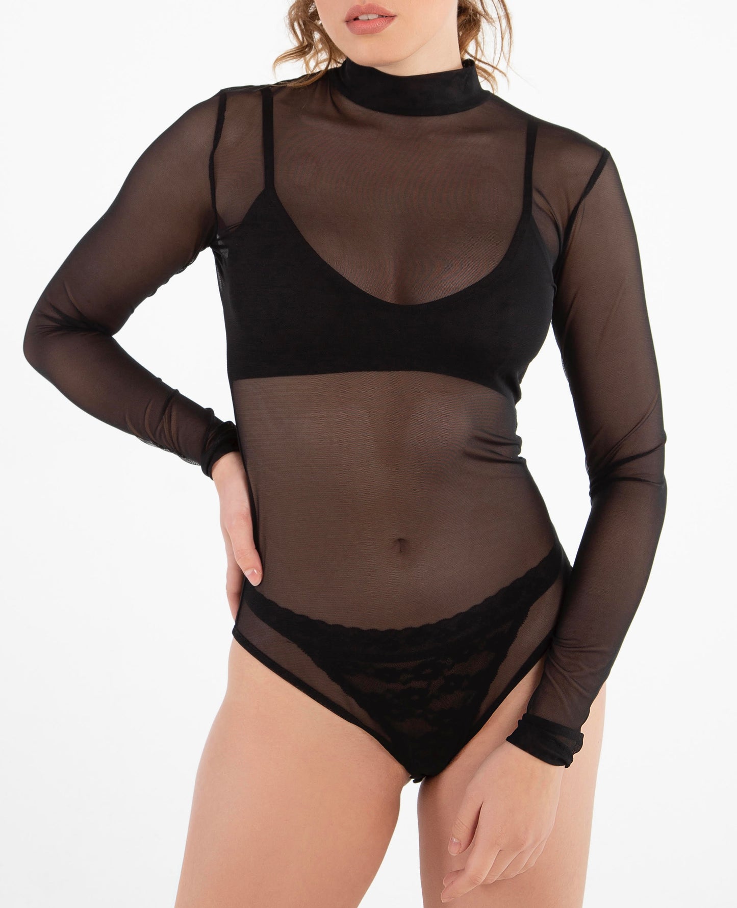 Black tulle bodysuit with high neck