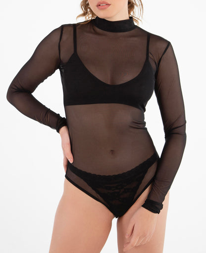 Black tulle bodysuit with high neck