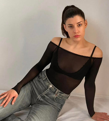 Off-the-shoulder tulle bodysuit